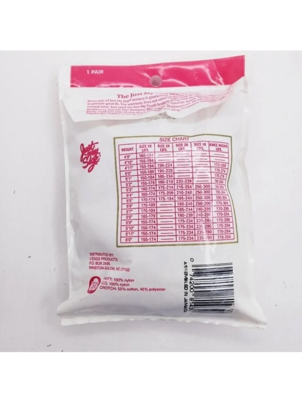 Just My Size Off White Sheer Toe Nylon Vintage Pantyhose Women's Size 4X